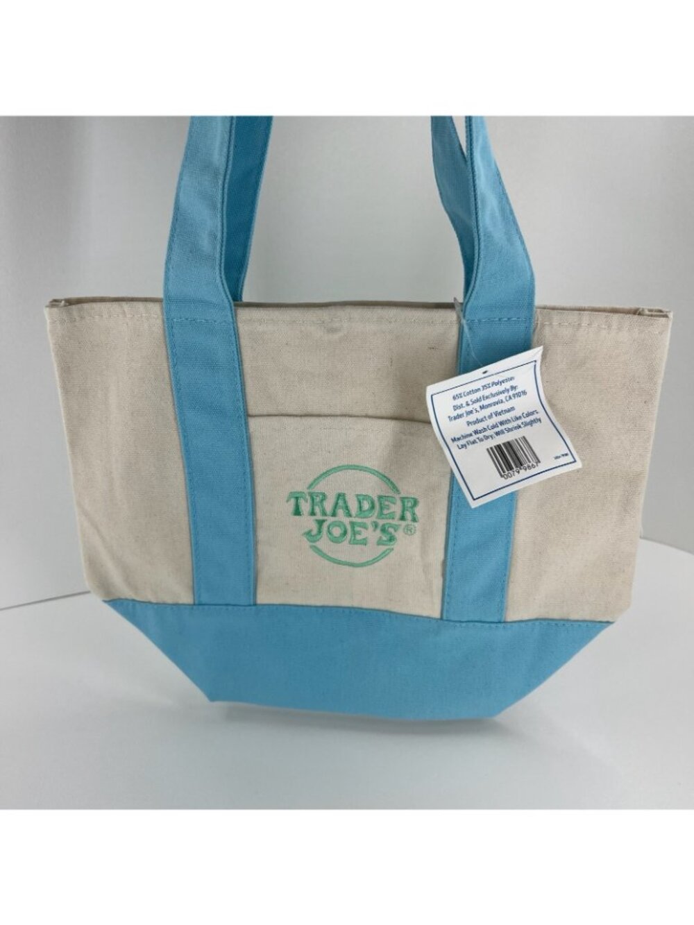 Trader Joes Mini Pastel Canvas Tote Bag Women Grocery Shopper Handbag Blue Beige - Picture 2 of 12